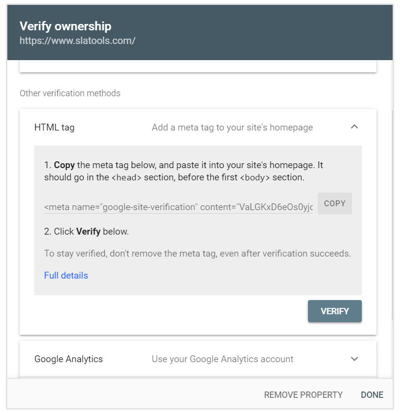 HTML Tag Verification Google Search Console